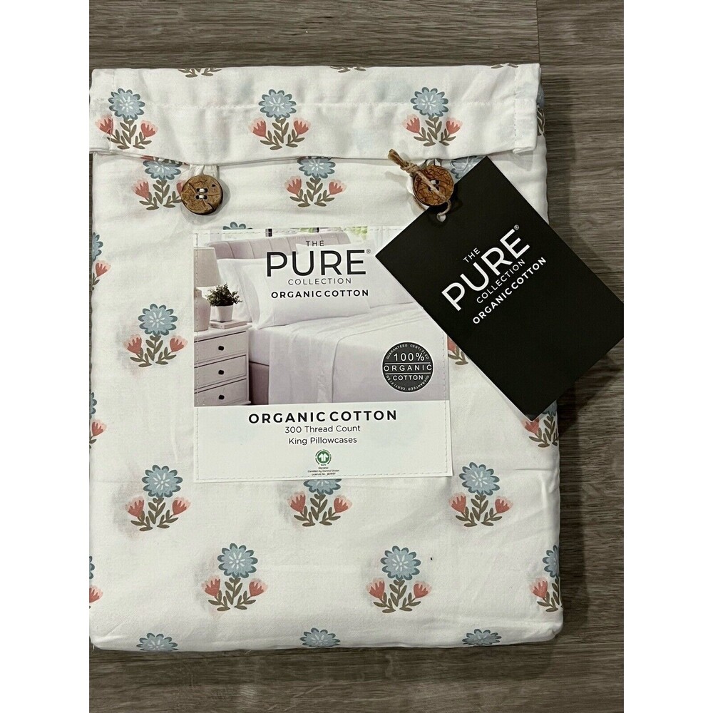 The Pure Collection Organic Cotton 2 King Pillowcases White Blue Flower 300 TC